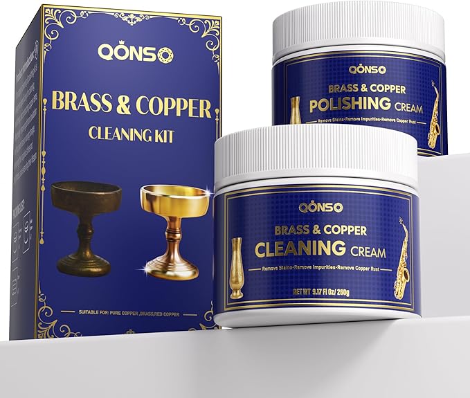 QONS Brass Polish Copper Cream Cleaner Kit - Instant Polishing Cream And Protective Tarnish Removal, Metal Cleaner And Brightener For Antiques, Music Instruments, Copper Kettle And Sinks