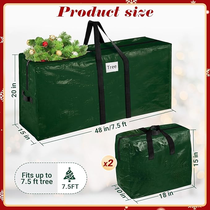 Christmas Tree Storage Bag 7.5 Ft With 2 Large Tinsel Garland Bags, Waterproof Material, Reinforced Handles & Dual Zipper, Green