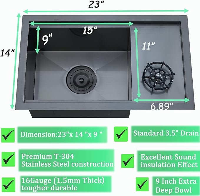 VCCUCINE 23 Inch Gunmetal Black Undermount Bar Sink with Glass Rinser,23x14 RV Small Kitchen Sink Stainless Steel Workstation Wet Bar Sink,16 Gauge Single Bowl Outdoor Prep Sink with Cutting Board