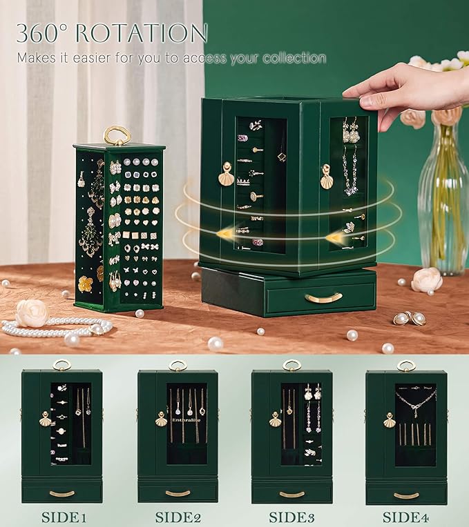 Jewelry Box large for Dresser: Women Necklace Ring Storage Organizer with Compartments - Elegant Earring Holder Display (Dark Green)