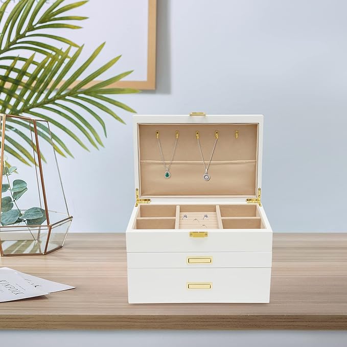 3 Layers Jewelry Storage Box with 2 Drawers, Large Wooden Jewelry Box for Women and Girls Necklace Ring Watch Organizer, White