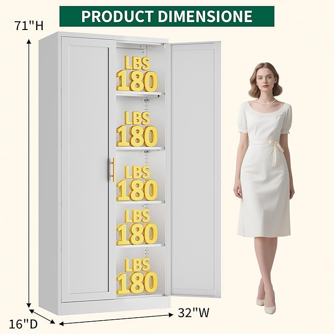 CJF White Kitchen Pantry Cabinet,71 Inch Tall Metal Storage Cabinet with 4 Adjustable Shelves and Doors, Freestanding Pantry Cabinet for Kitchen, Living Room, Dining Room, Bathroom, Easy to Assemble