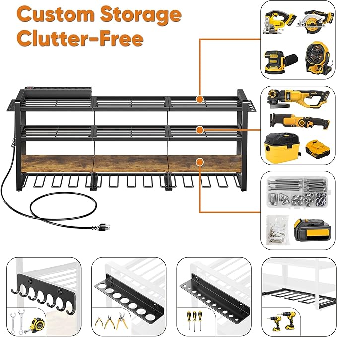 POKIPO 49.5" W Large Power Tool Organizer with Charging Station, 4 Layer Heavy Duty Utility Rack Loads 800lbs, Holds 8 Cordless Drills, Wall Mount Tool Shelf with 8-Outlet Power Strip, Gift for Men