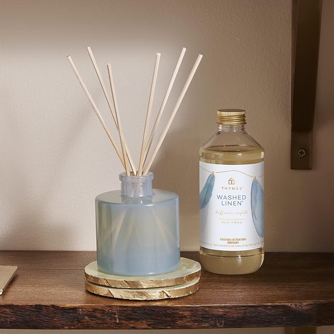Thymes Petite Reed Diffuser Set – Includes Rattan Wood Sticks, Fragrance Oil, & Glass Bottle – Home Fragrance Oil Diffuser – Luxury Home Decor – Guest Bathroom Essentials (Washed Linen, 4 fl oz)