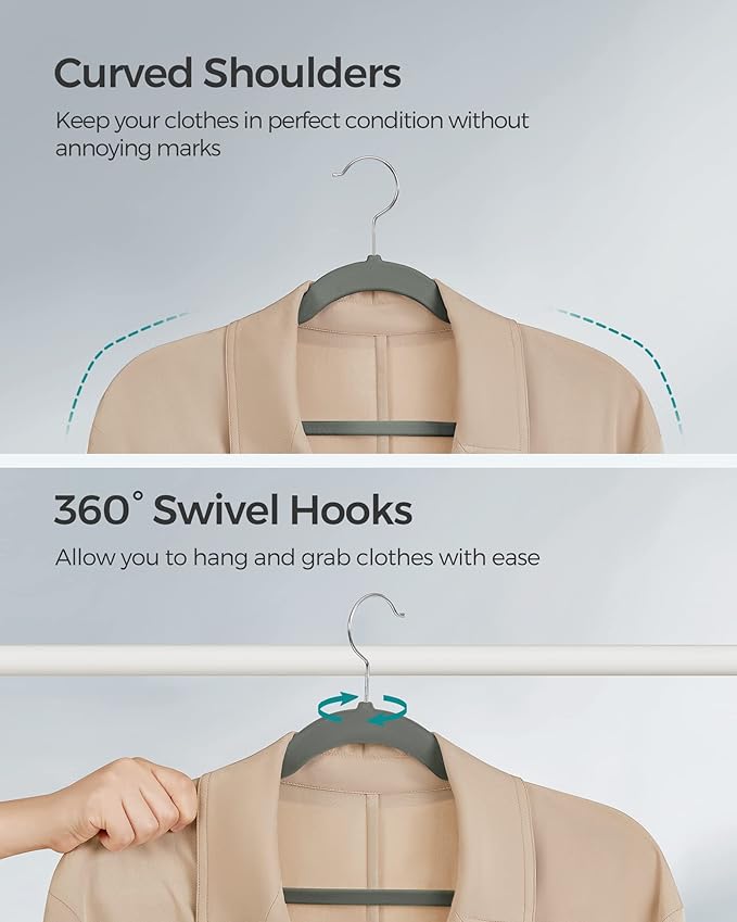 SONGMICS Velvet Hangers 50 Pack, Non-Slip Clothes Hangers, Suit Hangers with Shoulder Notches, Pants Bar, 360° Swivel Hook, Space-Saving, for Closet, Gray UCRF029G05