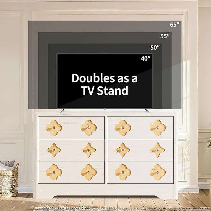 Garvee Dresser for Bedroom with 6 Drawers, 47.2'' Wide Chest of Large Decorative Drawer Front with Large Clothes Storage Cabinet, Wood Bedroom Dresser, TV Stand for Nursery, Living Room, White