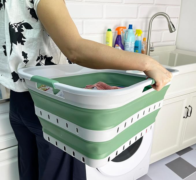 SAMMART 42 (11 Gallons) Collapsible Plastic Laundry Basket, Foldable Pop Up Storage Container/Organizer, Space Saving Hamper, Portable Bin for Dorm Room Bathroom (1, Grey/Dark Sea Green)