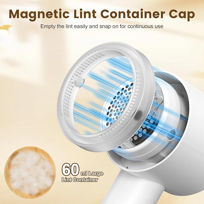 Lentorgi Fabric Shaver Electric Fuzz Remover, 2 in 1 Rechargeable Sweater Shaver with Lint Roller, Magnetic Cap, Digital Display, 2 Extra Blades, Defuzzer for Clothing Furniture Couch - White