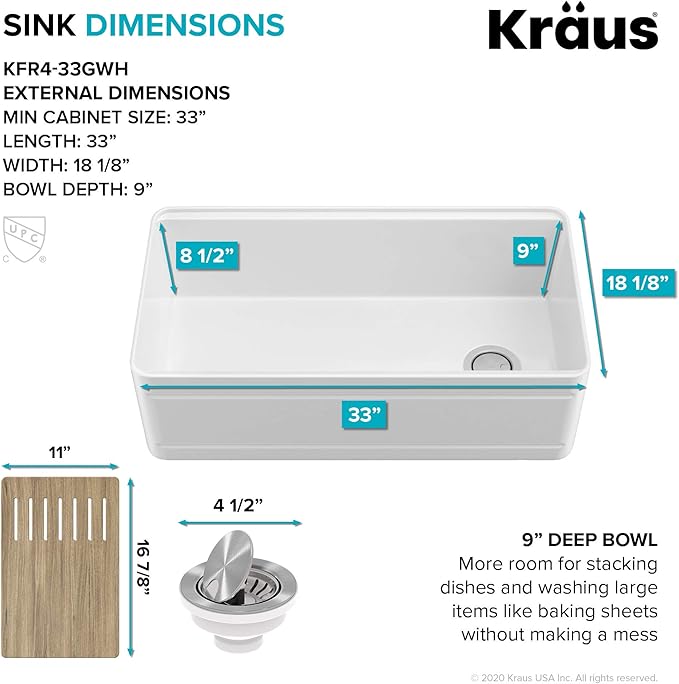 KRAUS Turino Workstation 33-inch Farmhouse Reversible Apron Front Fireclay Single Bowl Kitchen Sink with Accessories in Gloss White, KFR4-33GWH