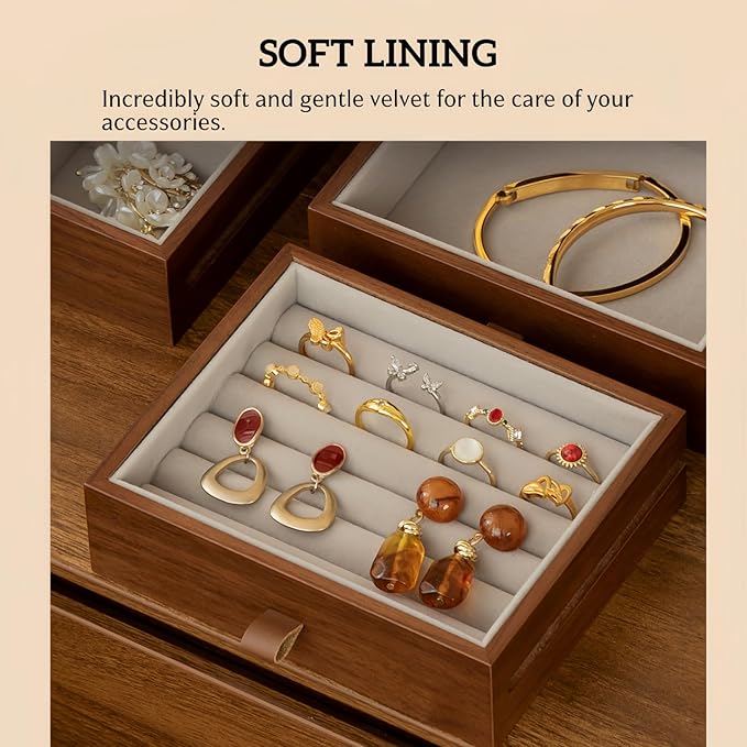 KINTNESS Wooden Jewelry Box With Key, 4 Layers Lockable Handheld Single Door Mirror-Flower Jewelry Box For Women Girls, Walnut Texture for Bracelet, Necklace, Ring