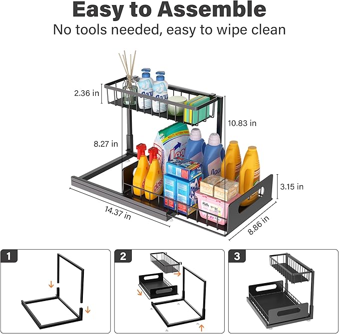 MERATIA 2 Pack Under Sink Organizer, 2 Tier Pull Out Cabinet Organizer,Slide out Metal Cabinet Organizers Multi-Purpose Drawer Shelf for Kitchen Bathroom Pantry Cabinet Closet Organization Rack,Black