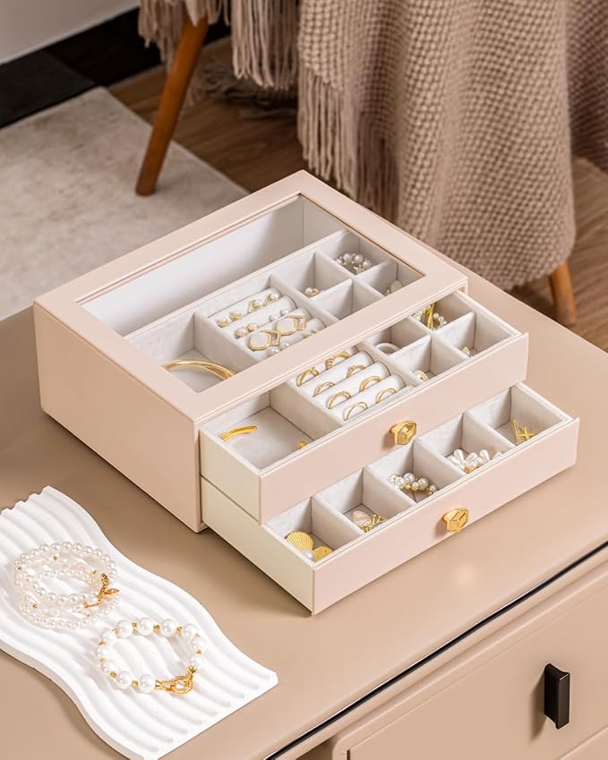 CASEGRACE Jewelry Box for Women with Glass Lid - Leather Jewelry Storage Organizer 2 Drawers for Necklaces, Rings, Earrings & Bracelets, Ideal Gift (Pink, 2 Layer)