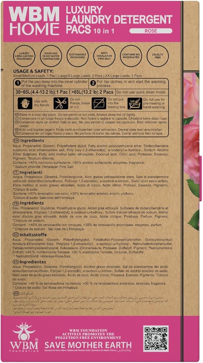 WBM 10-in-1 Laundry Pods, Total 128 Count, High Efficiency, Ultra Concentrate with Powerful Stain Lifter Technology, Fabric Softener With Rose Extracts, Detergent Pods