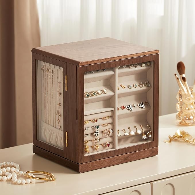CHOSIN Black Walnut Wooden Jewelry Box, 360° Rotating Organizer with Glass Lid, 5 Drawers for Earrings, Rings, Necklaces – Vertical Jewelry Storage for Women Valentine's Day Gifts
