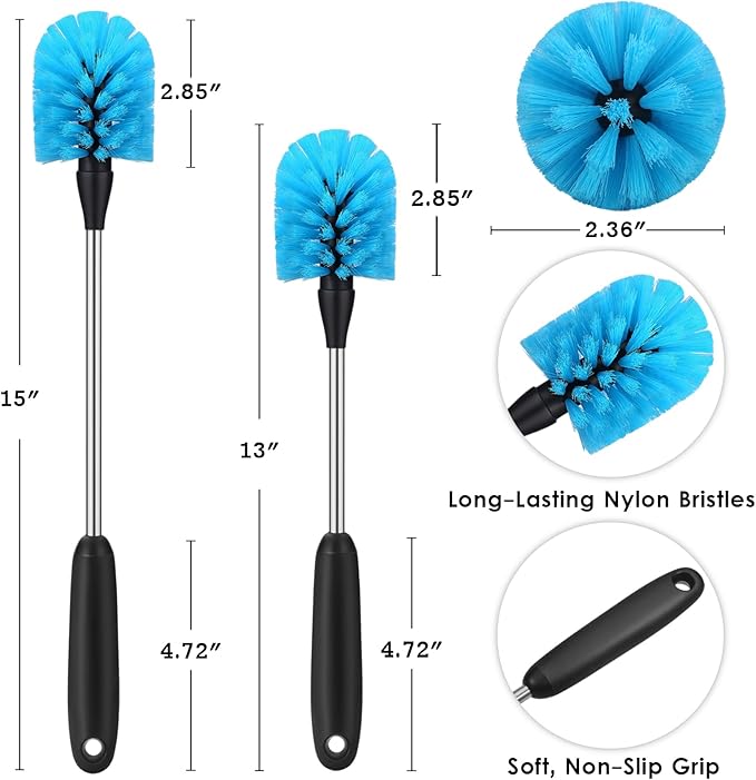 MOSOLAN Stainless Steel Water Bottle Brush, Long Handle Scrubbing Brush, Built for Cleaning Sports Bottles, Baby Bottles, Cups, Coffee Mugs, Glasswares, Wine Decanters, Flask, 2 Pack, 15 in