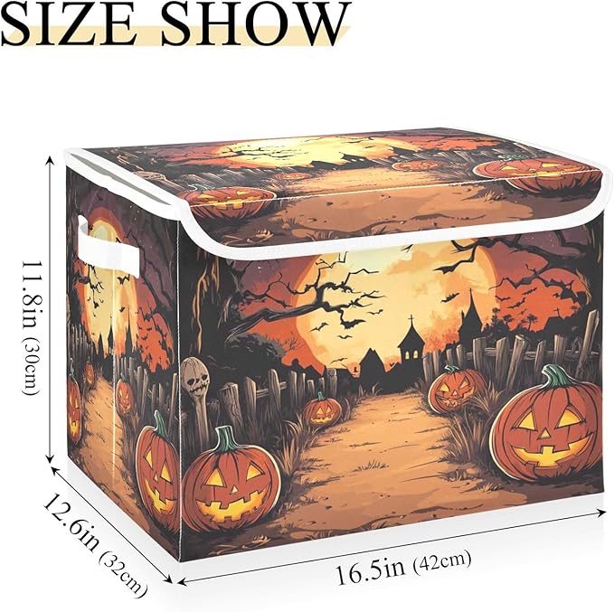 Bolaz Storage Bins with Lids and Handles,Halloween Night Pumpkin Skull Storage Box Storage Basket with Cover Collapsible Organizer Containers for Home Closet, Shelves