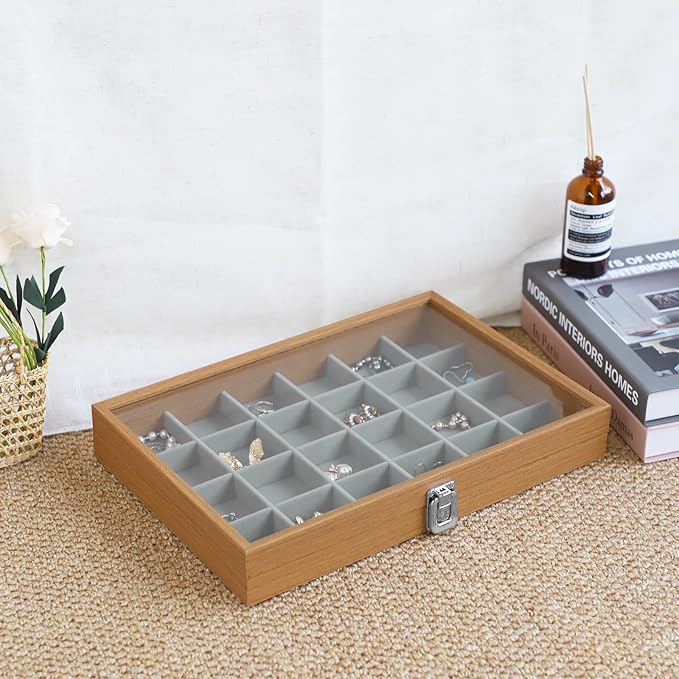 Wudygirl Jewelry Organizer Wood Jewelry Box Earring Holder Organizer Wooden Jewelry Tray with Clear Lid Vintage Jewelry Bracelet Display Ring Holder Adjustable Dividers (Gray 24 Grid)