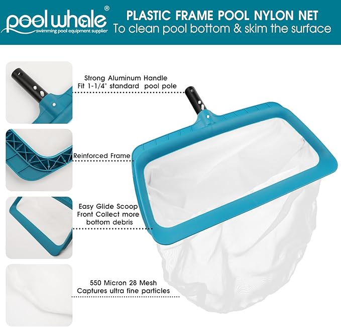 POOLWHALE Professional Pool Skimmer Net, Upgraded Extra Wide Scoop Edge, Swimming Leaf Rake with Ultra Fine Mesh Deep Nylon Net Bag - Pool Nets for Cleaning Leaves, Debris (Not Pole)