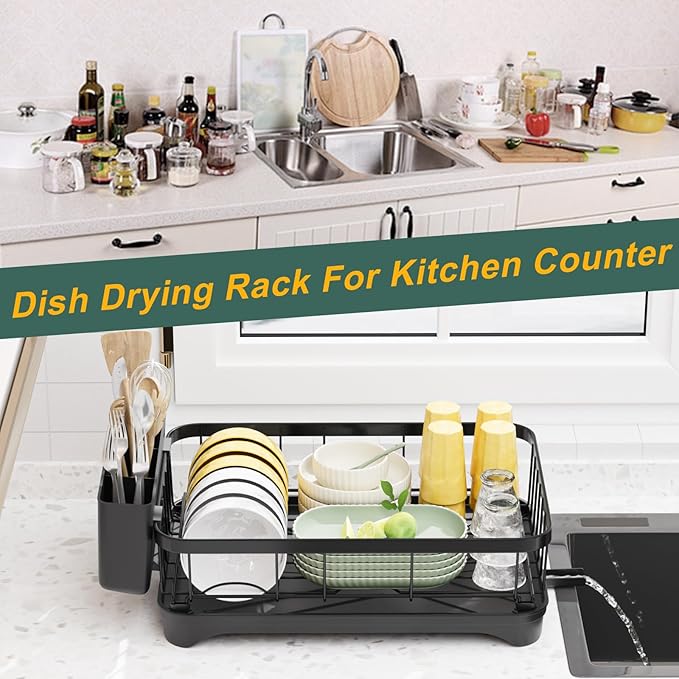 LIYI Dish Drying Rack,Adjustable Spout Design,Kitchen Dish Racks,Made of Iron Material,with Removable Draining Board,Suitable for Kitchen and Caravan Use Scenarios,Black