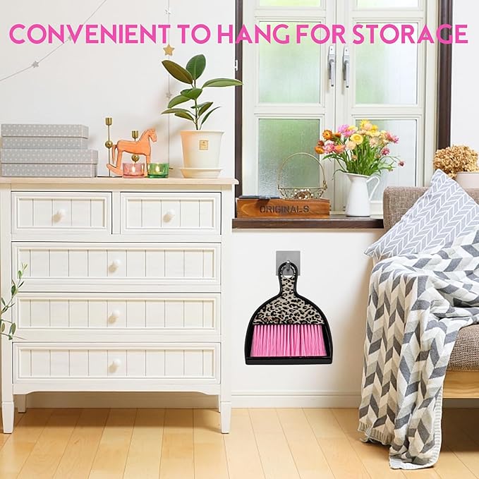 THINKLEARN 2PCS Mini Dustpan and Brush Set, Small Broom and Dustpan Set with Pink Leopard Print Design, Hand Broom Whisk Broom and Dust Pan for Cleaning Desk, Home, Cars, Pets, Kids