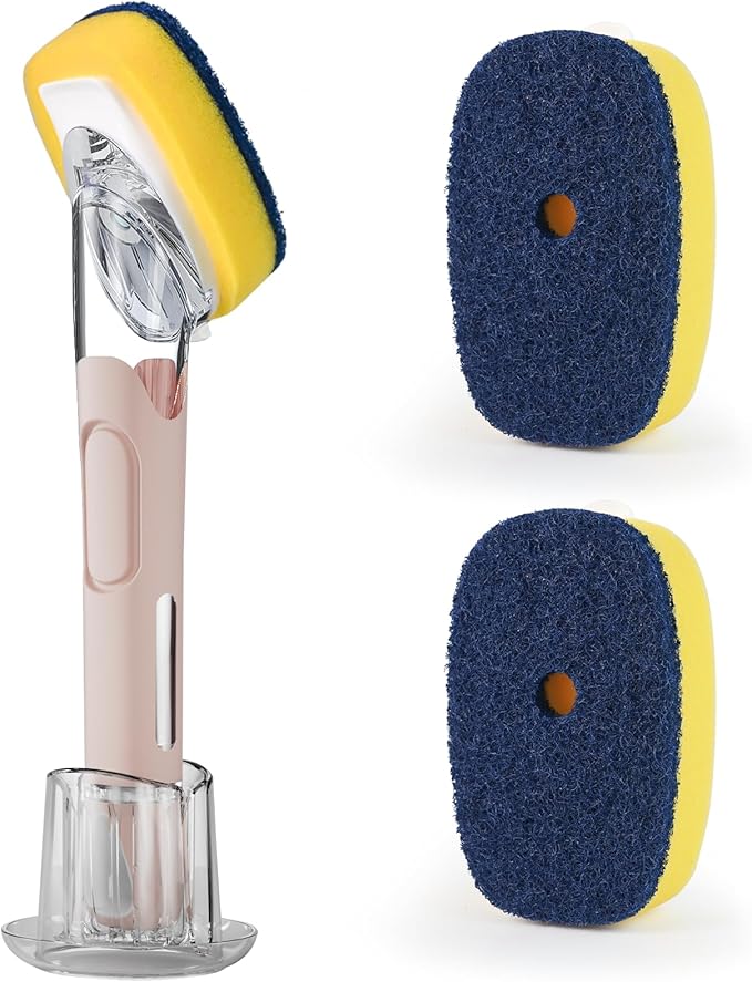 Dish Brush with Soap Dispenser Storage Set with 2 PCS Sponge Refills & Holder, Soap Dispensing Dish Brushes, Sponge with Soap Dispenser Handle, Dish Sponges with Handle for Dishes Pans Pots Sink