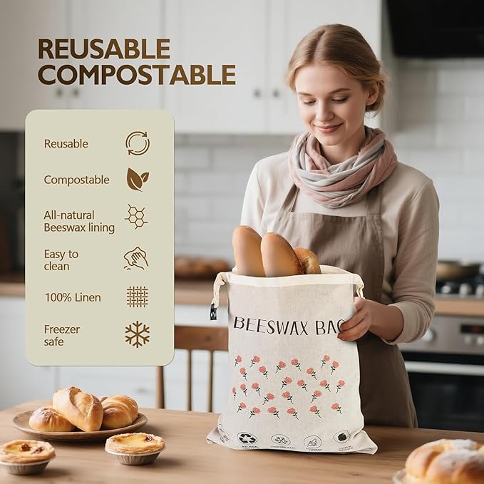 2026 New Upgrade 2-Pack Reusable Beeswax Bread Bags for Homemade Bread Sourdough, 17"×13"Natural XL Beeswax 100% Linen Moisture-proof Lined Storage Bags with Buckle& 1 Bowl Covers,Keeps Fresh Longer