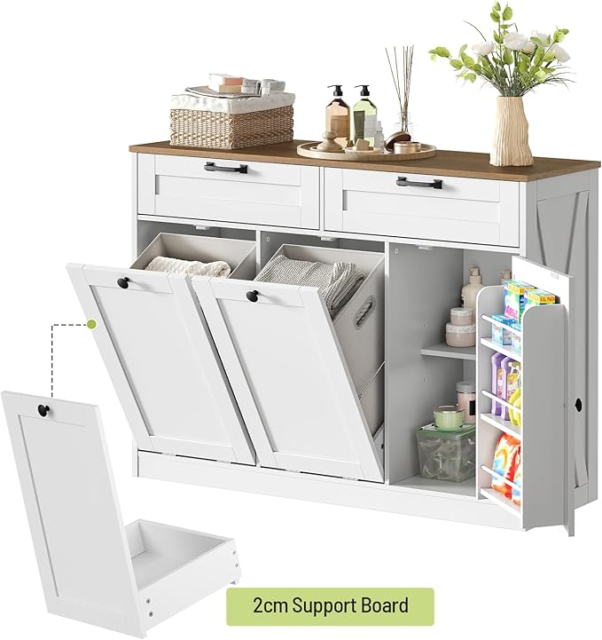 Double Tilt Out Laundry Hamper Cabinet, 43.3" Laundry Storage Cabinet with 2 Removable Baskets, Farmhouse Wooden Hidden Trash Bin Cabinet with Open Shelving, for Bathroom, White and Walnut