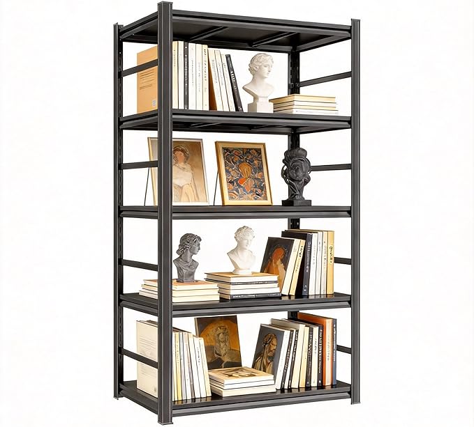 Notmise Book Shelf, 5 Tier Bookshelf, Modern Tall Bookcase for Garage Kit, CDs, Movies, Industrial Corner Storage Shelves for Bedroom Home Office Kitchen Living Room, Black