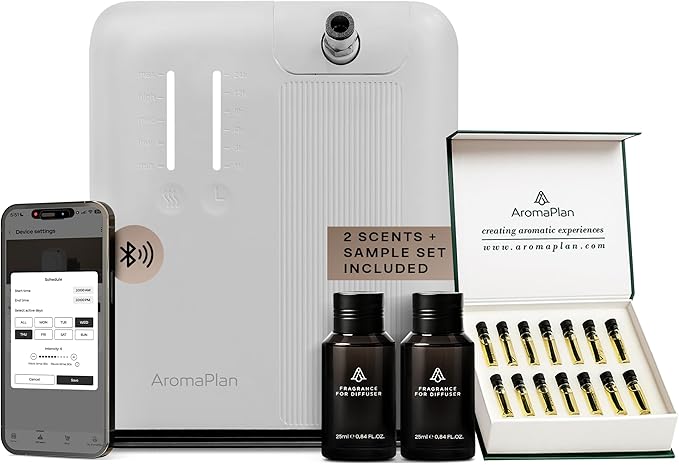 AromaPlan 5 Star Collection Cold Air Scent Diffuser, Whole House (Includes 2 Fragrances & 12 Set Sample kit) - Smart Scent Diffuser, HVAC System- Touch & App, 2000 Sq. Ft Cov.(White)