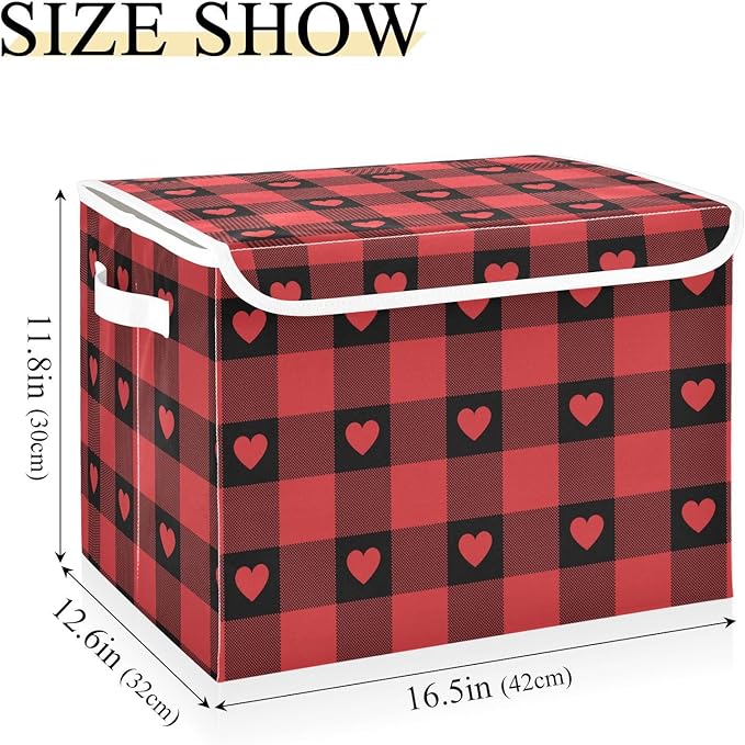senya Valentines Storage Baskets Collapsible Storage Bins with Lids, Red Buffalo Check Gingham Love Heart Storage Boxes Clothes Baskets for Organizing