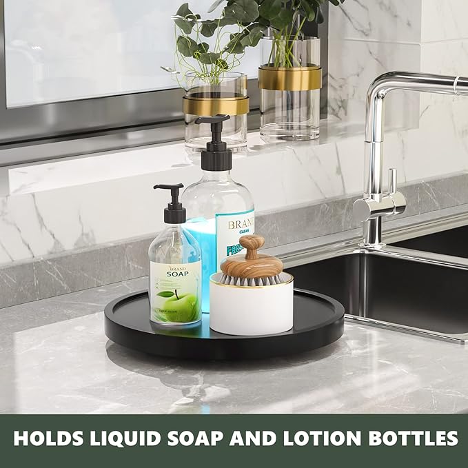 VeyFey Turntable Vanity Tray 10 Inch for Perfume Candle, Bamboo Kitchen Sink Countertop Organizer Keep Glass, Sponge and Soap Bathroom Coffee Table Decorative Black (VFLZ)