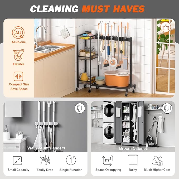 Broom Holder with Cleaning Supplies Organizer, Broom Closet Storage Cabinet with Cleaning Caddy, Cleaning Cart with Mop Hanger Gripper Rack Hooks,Janitorial Housekeeping cart,Laundry Room Organization