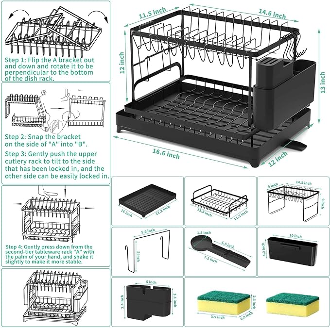 XLMYS Dish Drying Rack, 2 Tier Large Dish Drying Rack for Kitchen Counter with Drainboard Stainless Steel Dish Drainer for Dish/Knifes/Cup/Cutting Board, Black