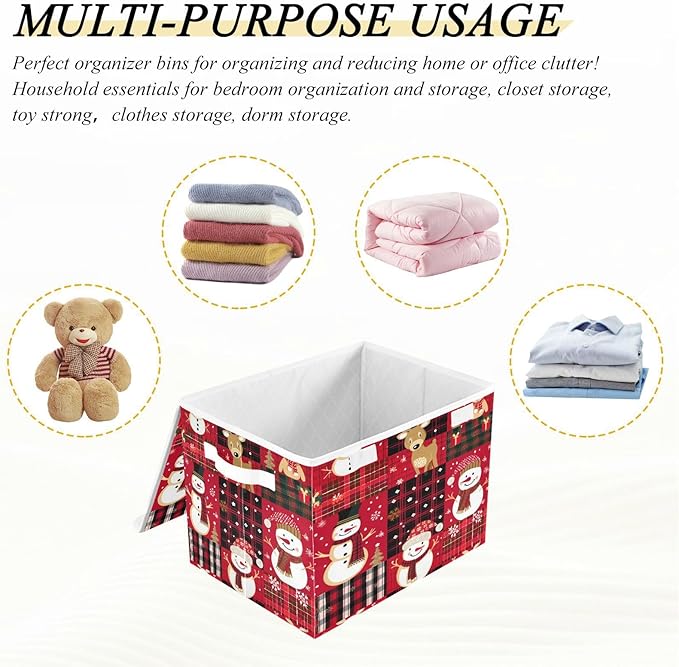 senya Christmas Baskets Collapsible Storage Bins with Lids, Red Christmas Plaid Snowman Storage Boxes Clothes Baskets for Organizing