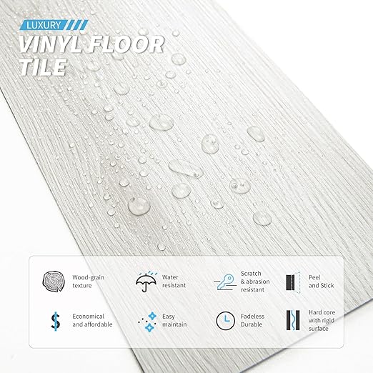 Art3d Peel and Stick Floor Tile Vinyl Wood Plank 36-Pack 54 Sq.Ft, White-ash, Rigid Surface Hard Core Easy DIY Self-Adhesive Flooring