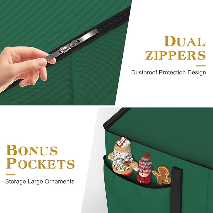 Christmas Ornament Storage Box With 8 Trays - Stores Up to 128 Holiday Ornaments, Christmas Storage Container with Side Pocket, Adjustable Dividers, Card Slot, Tear-Proof Fabric - Green