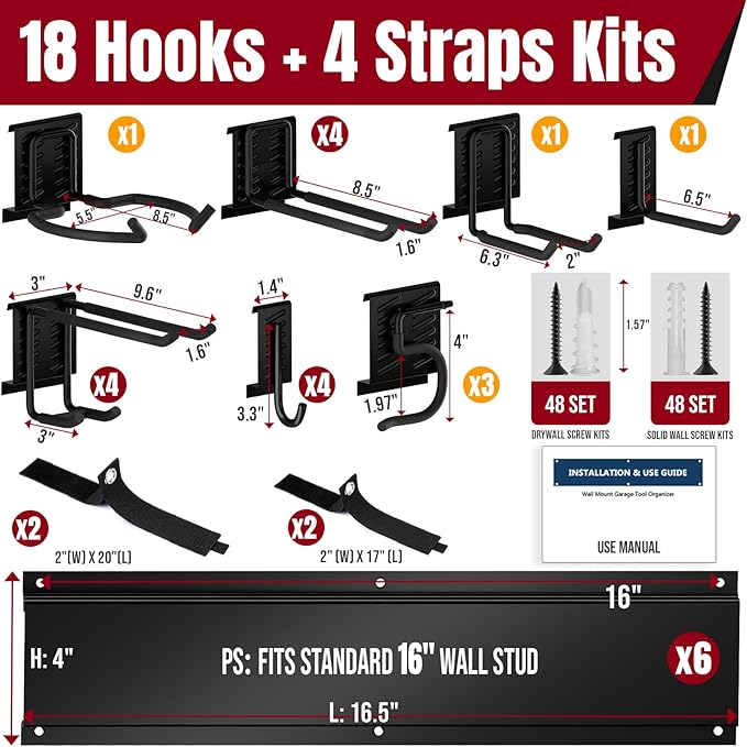 Hailivike 99" Garage Tool Organizer Wall Mount, with 18 Versatile Hooks (8 Styles), Maximized Space & Heavy-Duty Garage Tool Storage Rack for Brooms, Lawn Equipment, Garden & Yard Tools
