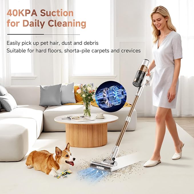 Clinkal Cordless Vacuum Cleaner: 40KPA Powerful Suction Cordless Stick Vacuum Cleaners for Home, Anti-Tangle Brush, Lightweight, 6-in-1 Rechargeable Vacuum for Pet Hair/Carpet/Hard Floor(Off-White)