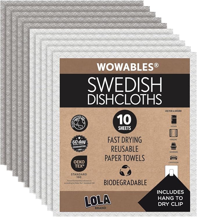 LOLA Swedish Dishcloths for Kitchen 10 Sheets, Biodegradable & Compostable Reusable Paper Towel Cleaning Cloths Zero Waste No Odor Washing Dishes Ultra Absorbent Cellulose Sponge Towel Made in Germany