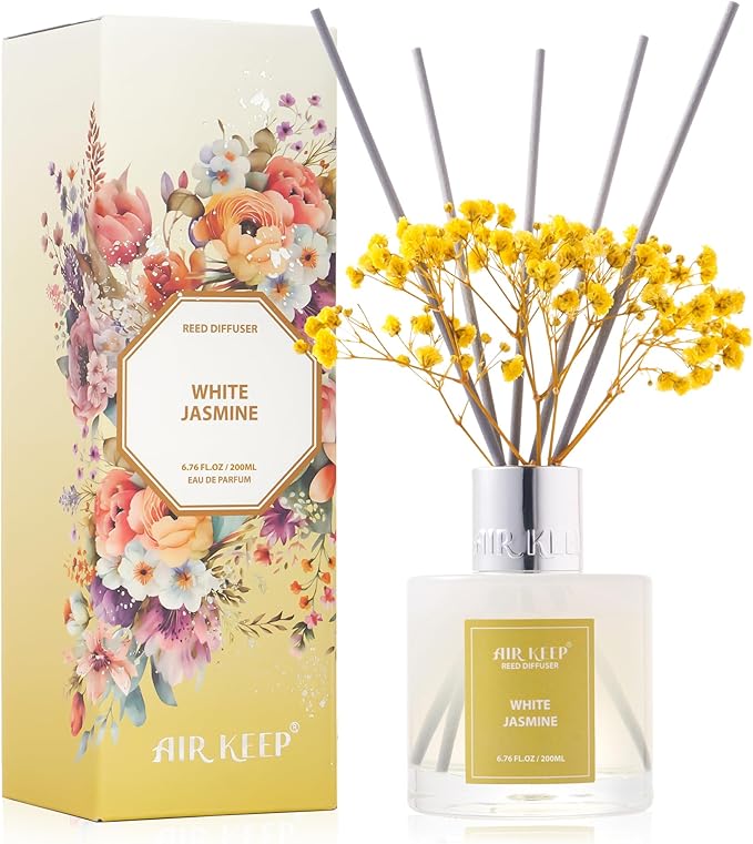 Airkeep Reed Diffuser Set,6.76 fl oz (200 ml) - White Jasmine Oil Diffusers with 8 Reed Sticks, Home Fragrance Reed Diffuser for Bathroom Shelf Decor