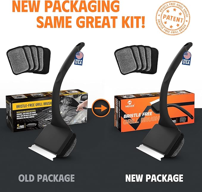 MEKER Grill Brush Bristle Free, Grill Cleaner Brush with 5 BBQ Replacement Head for Cast Iron, Stainless Steel Grates, Safe Grill Scraper Outdoor BBQ Grill, Black