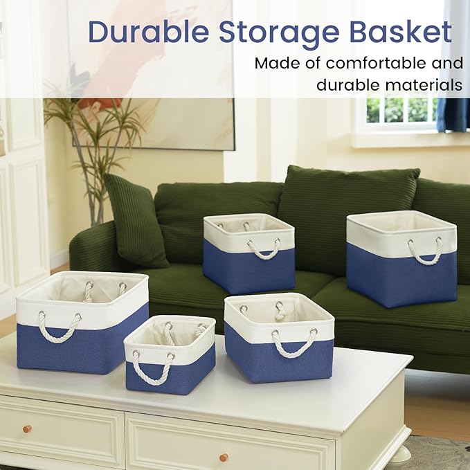 Large Storage Baskets- 16x12x12 inch Storage Bins for Shelves and Closet Organizing, Foldable Fabric Bin for Home Organization Clothes and Laundry (1-Pack, White&Blue)