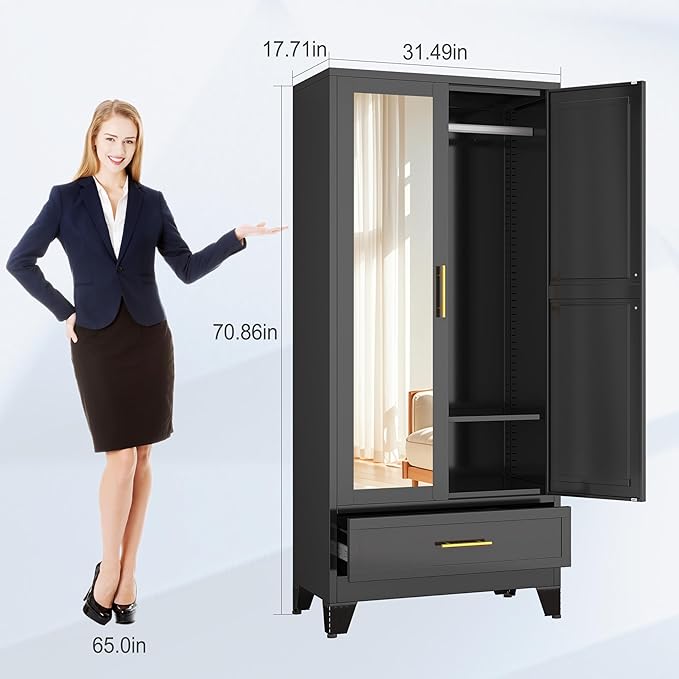 71" H Metal Armoire Wardrobe Closet with Mirror,Household Steel Wardrobe Cabinet with Drawers,Clothing Storage Armoire Cabinet with Adjustable Shelves and Hanging Rod for Bedroom（Black）