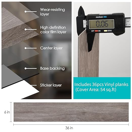 MULGREAT Peel and Stick Floor Tile, 54 Sq.Ft Self Adhesive Vinyl Flooring Plank, 36 Pieces Waterproof Heavy Duty Wood Grain Tiles, 36"x6" DIY Planks for Laundry Kitchen Apartment Home, Soft Grey
