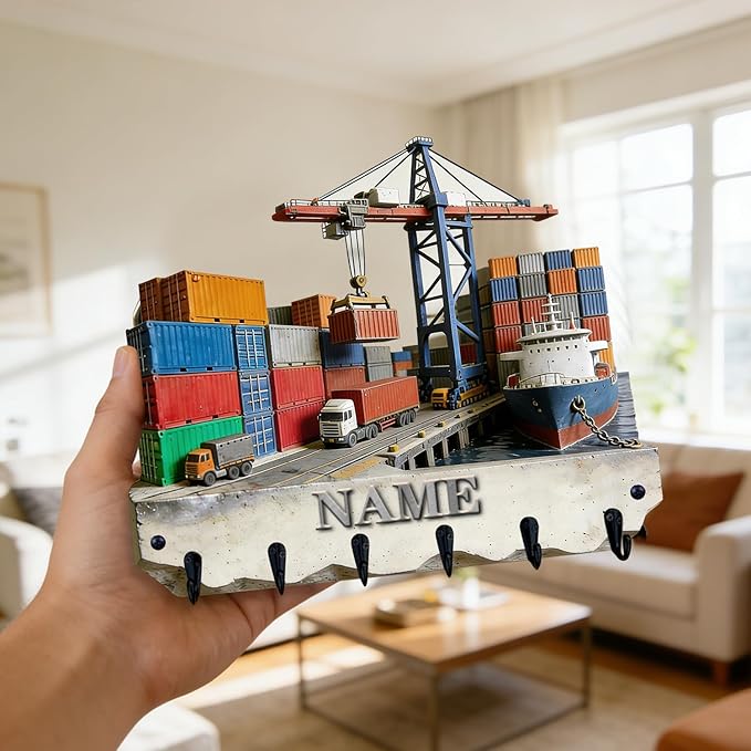 Personalized Wooden 2D Flat Print Container Truck Themed Wall Hooks for Living Room Hallway Office Custom Name Container Crane Coat Rack Port Transportation Key Storage Holder for Women Men Friends