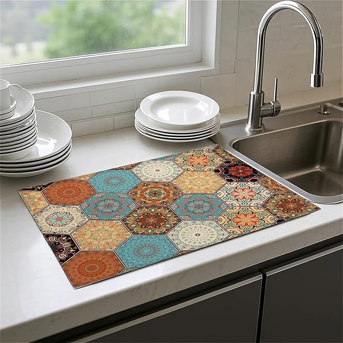Dish Drying Mat For Kitchen Counter, Personalized Bohemian Microfiber Absorbent Dish Drainer Rack Pad Reusable Large 18x24in Drying Mat