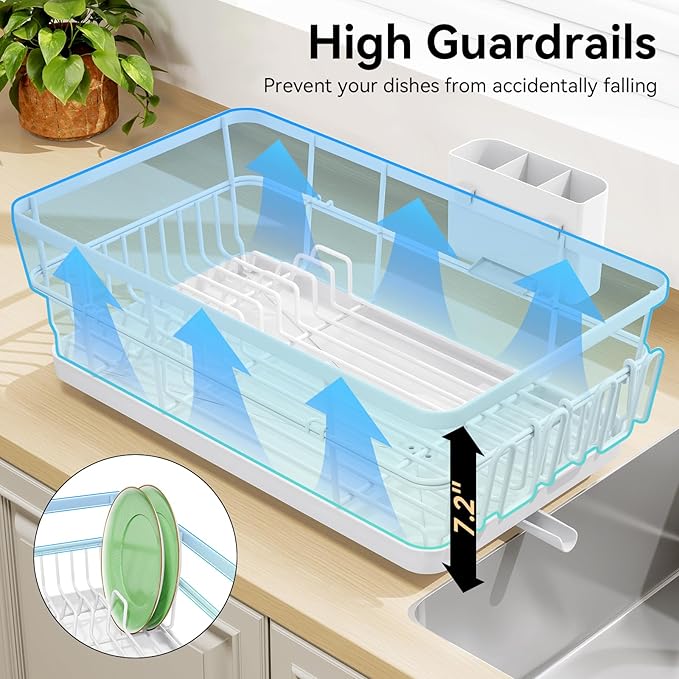 TOOLF Large Dish Drying Rack for Kitchen Counter,Kitchen Dish Racks with Drainboard,Sink Dish Strainer Rack,Countertop Dish Drainer Rack with Cup & Utensil Holders,White