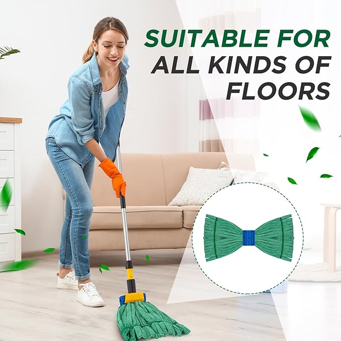 Hushee 12 Pack Large Microfiber Tube Mop Heads 18 oz Heavy Duty Commercial Industrial Wet Mop Head Refill Reusable Machine Washable Looped End Mopheads for Hardwood, Tile, Laminate Floors, Green