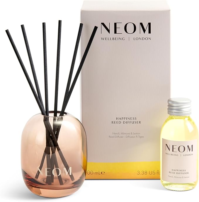 NEOM Happiness Reed Diffuser, 100ml | Neroli, Mimosa & Lemon I Lasts 12 Weeks I Pure Essential Oils I 100% Natural I Refillable & Reusable