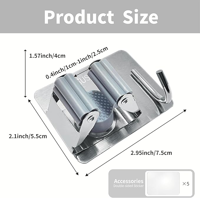 5 Pack Mop and Broom Holder Wall Mount, Silver Stainless Steel Mop and Broom Hanger with Hooks, Mop Broom Organizer for Closet Laundry Garage Garden Tool Organizer (Silver)